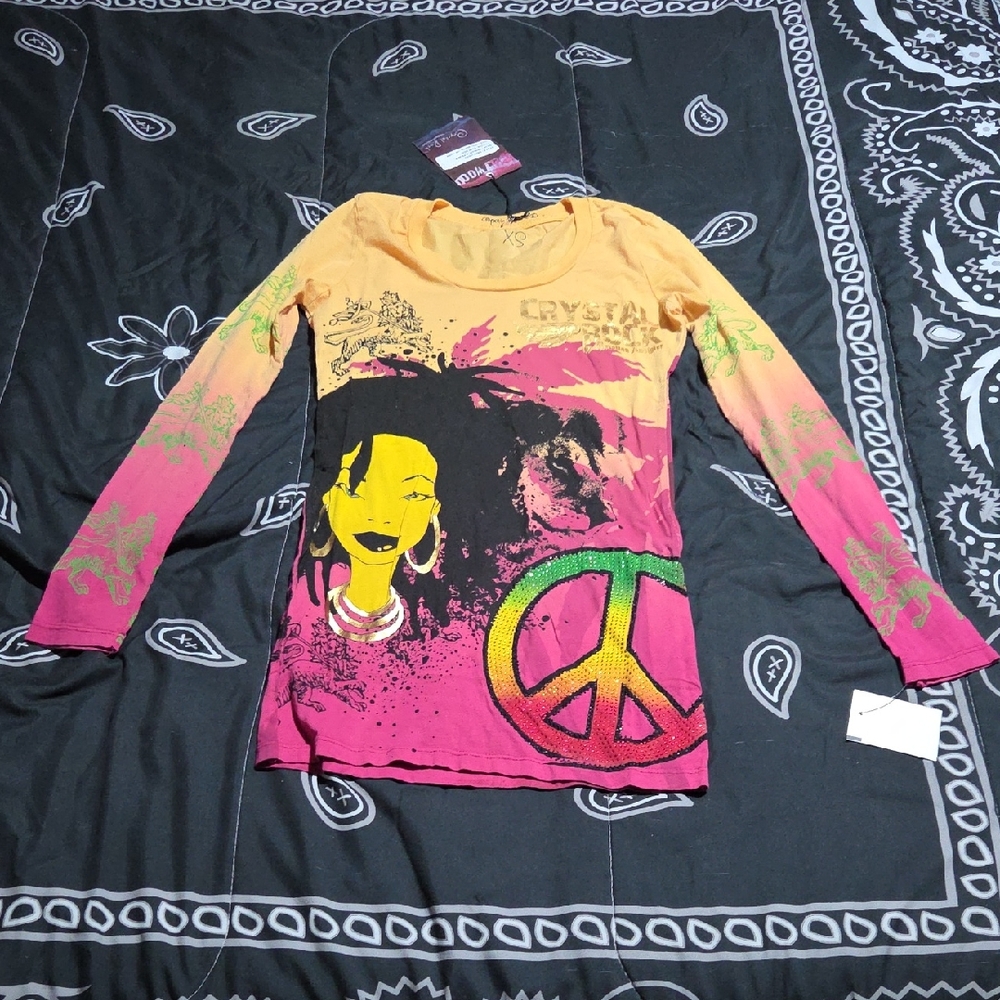 Christian Audigier Orange and Pink Long Sleeve Tee